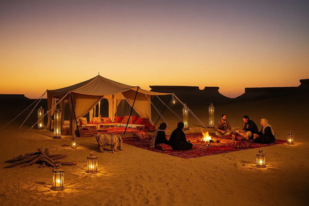 Desert camp at sunset with tent, lanterns, fire and guests on rugs