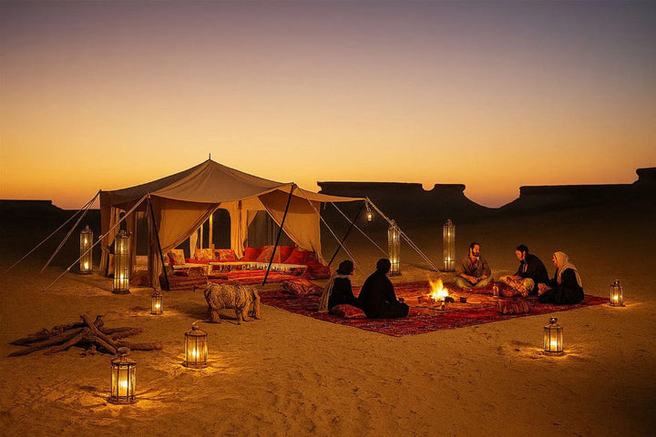 Desert camp at sunset with tent, lanterns, fire and guests on rugs